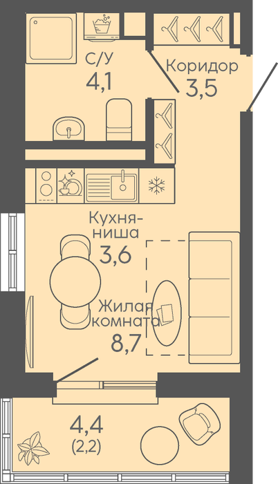 Екатеринбург, ул. б-р Новосинарский, 3, ЖК Новокольцовский (Квартиры, Дом №7. Этап 2) (Птицефабрика) - фото квартиры (1)
